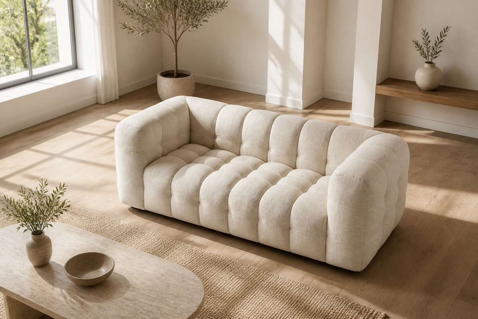 Canapé nuage LILO en tissu beige sable : la douceur recyclée