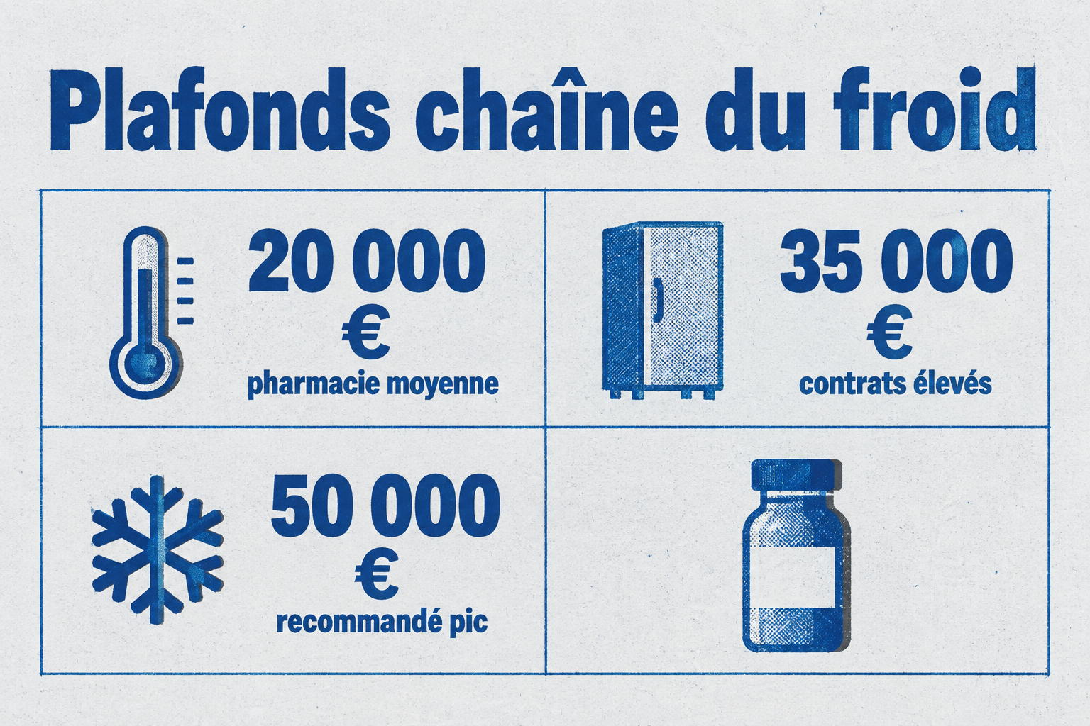 Graphique montrant trois plafonds de garantie chaîne du froid : 20 000 euros pour une pharmacie moyenne, 35 000 euros pour les contrats élevés, et 50 000 euros recommandés en pic de saison.