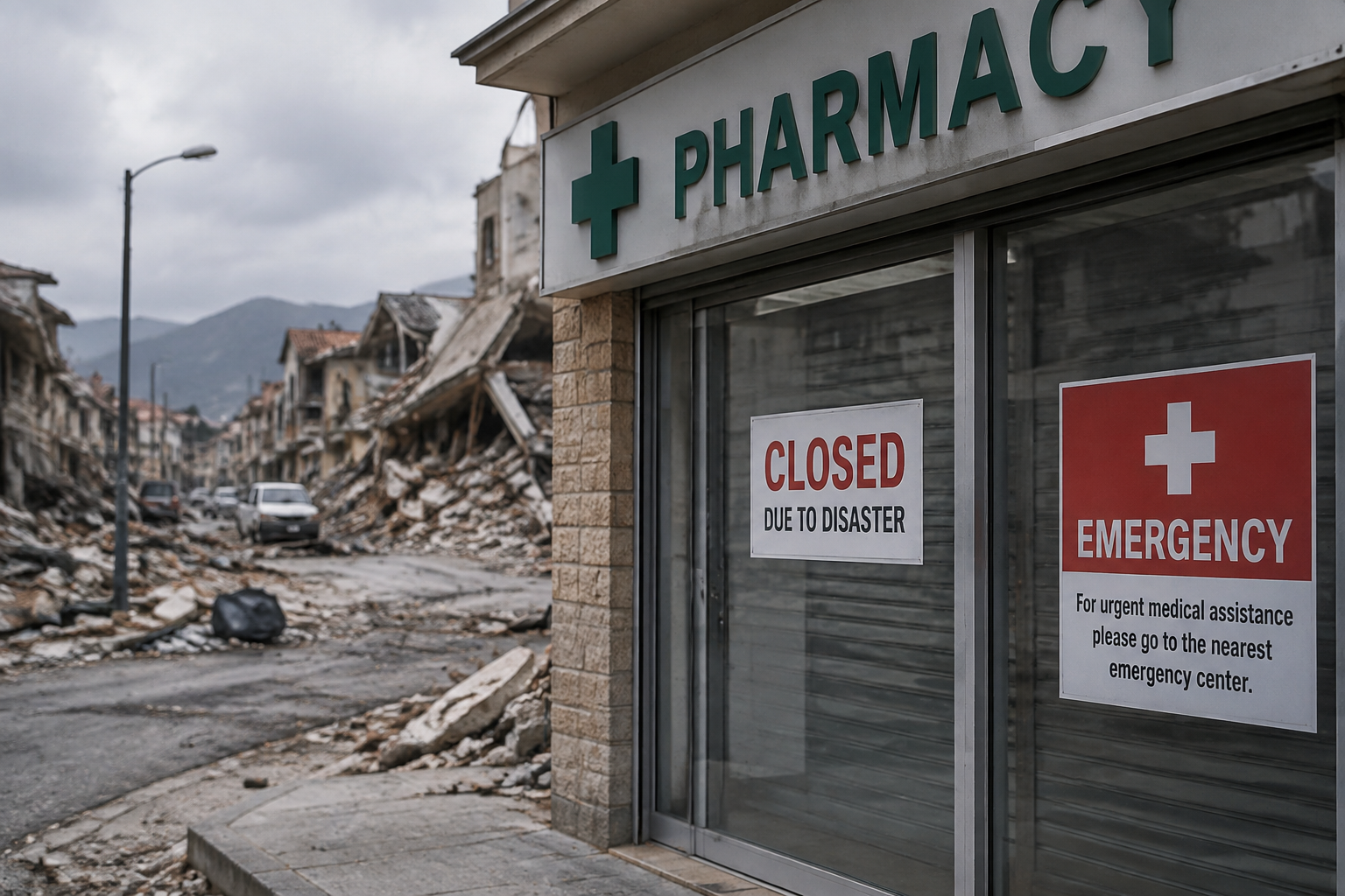Pharmacie fermée avec barrières de sécurité et affiche annonçant la fermeture après un sinistre