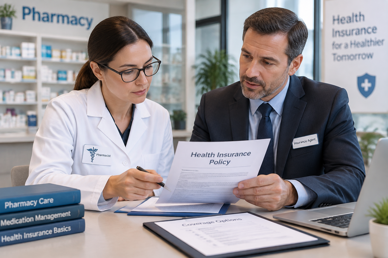 Pharmacien et conseiller en assurance examinant ensemble un contrat d'assurance dans une officine