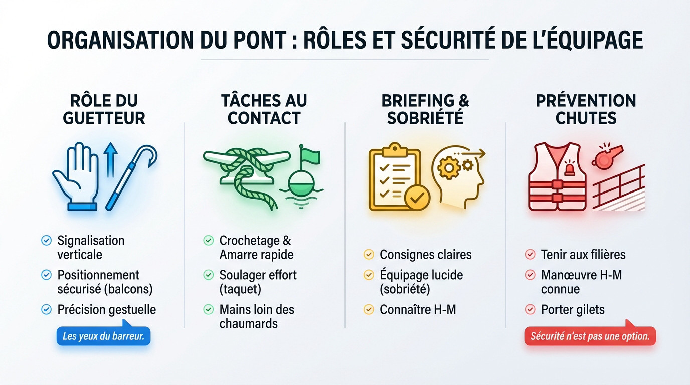 Équipage de voilier préparant une manœuvre d'amarrage à l'avant du bateau
