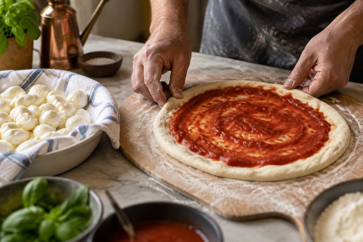 A person spreads tomato sauce over pizza dough on a floured wooden board, with bowls of mozzarella and basil nearby.