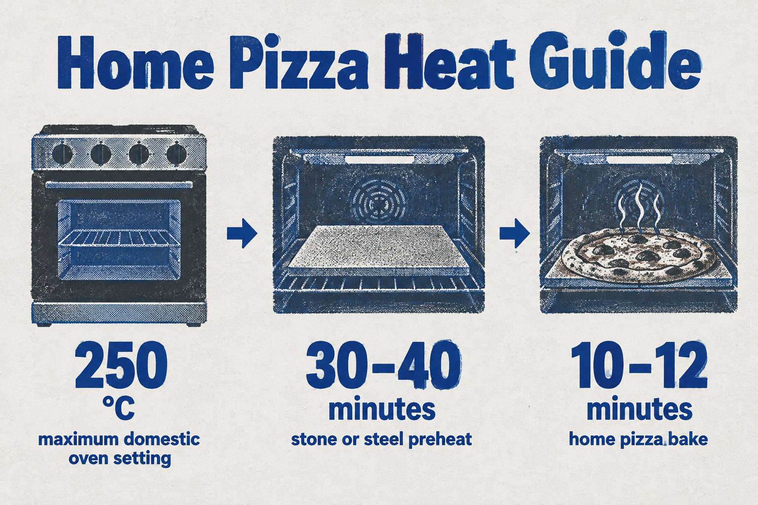 Set a domestic oven to 250°C, preheat the stone or steel for 30–40 minutes, then bake the pizza for 10–12 minutes.