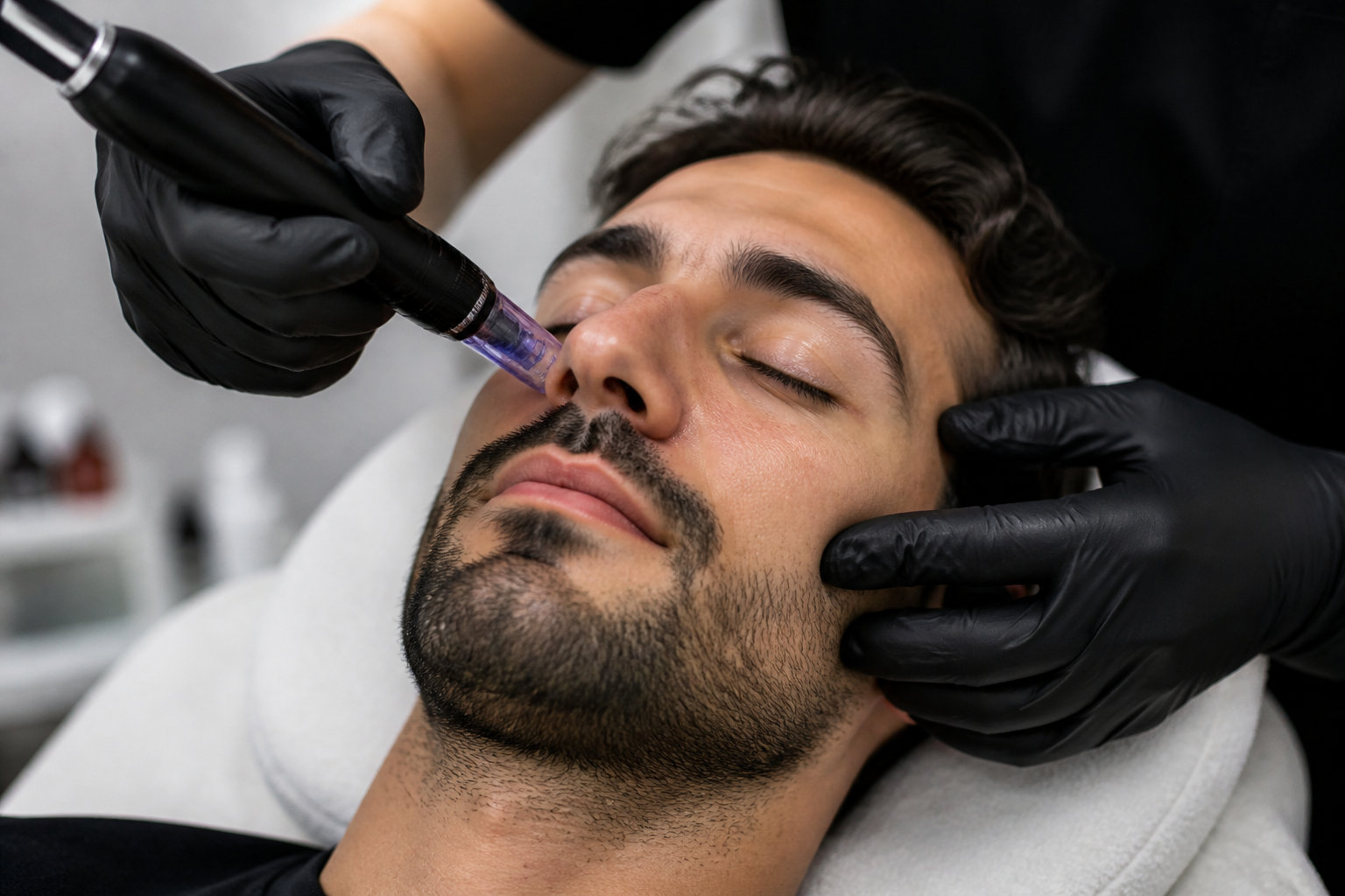 Exosomes : la biothérapie qui révolutionnent la dermatologie esthétique 1 Stylo de microneedling passé sur le visage d'un homme pendant une séance
