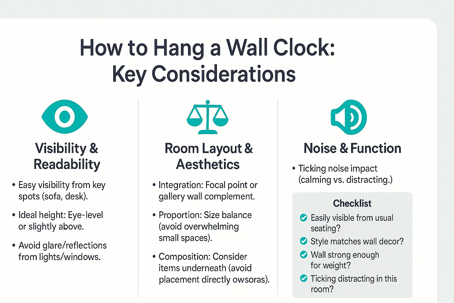 Wall clock placement guide showing visibility, room layout, and noise considerations