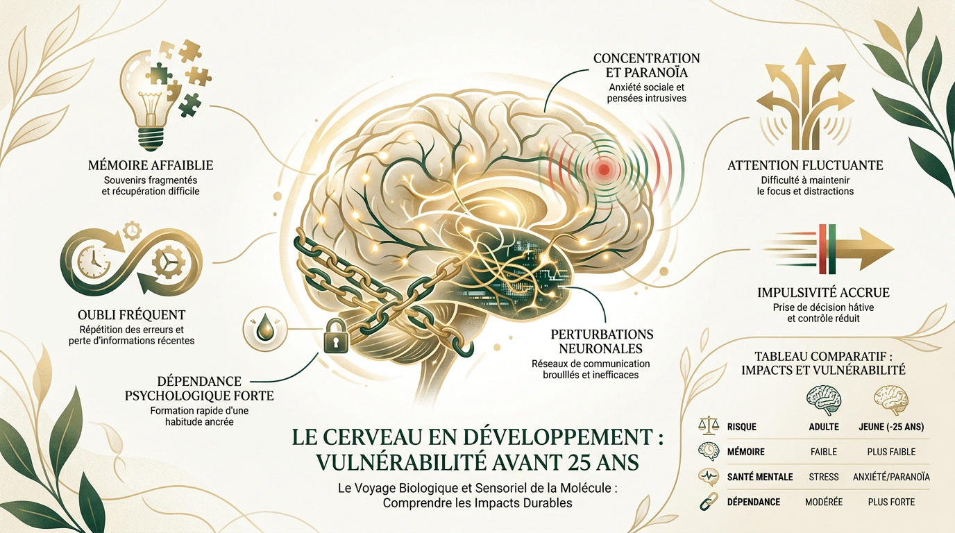 Schéma illustrant la vulnérabilité du cerveau humain face au THC avant 25 ans