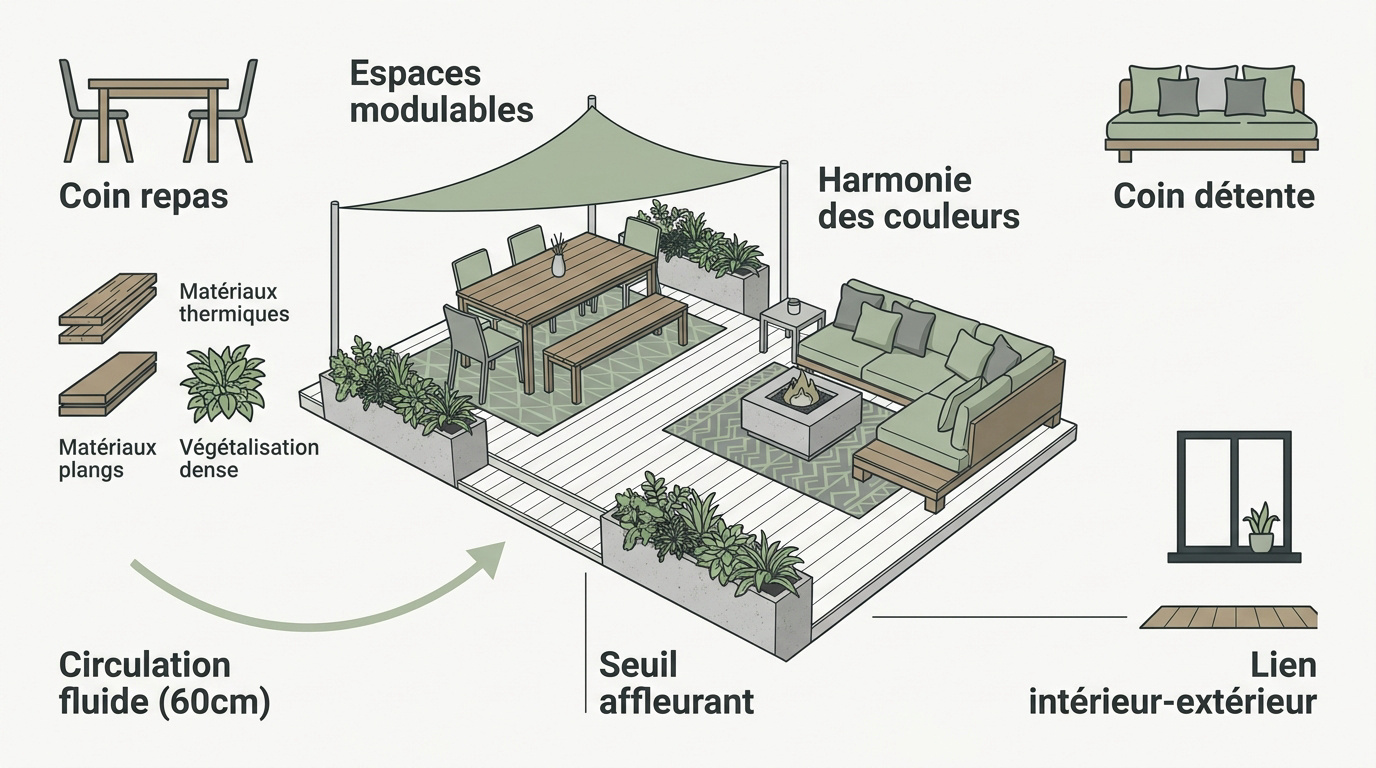 Aménagement d'une terrasse design avec zones de repas et de détente distinctes