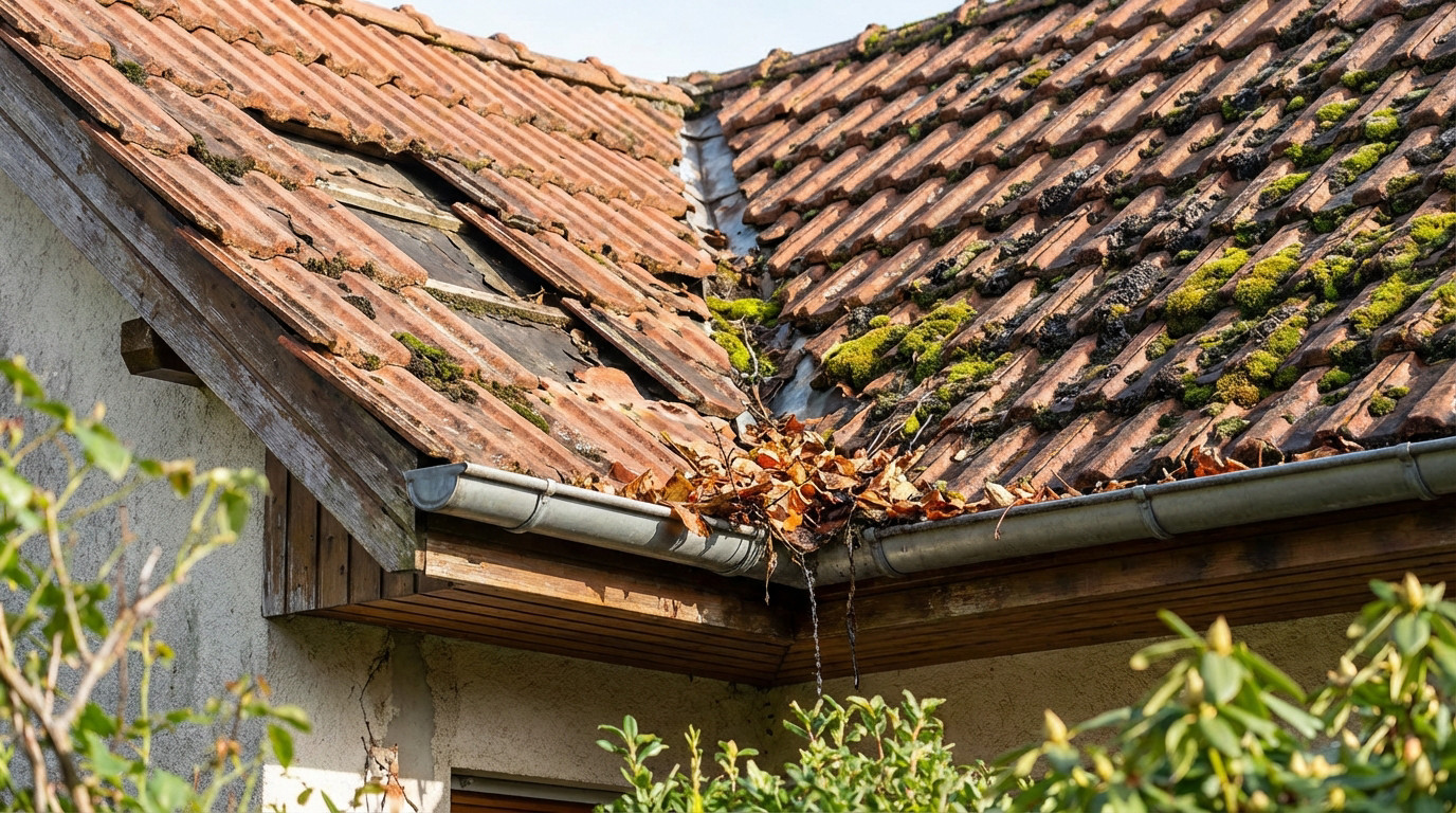 tuiles en terre cuite abîmées par le temps et une gouttière obstruée
