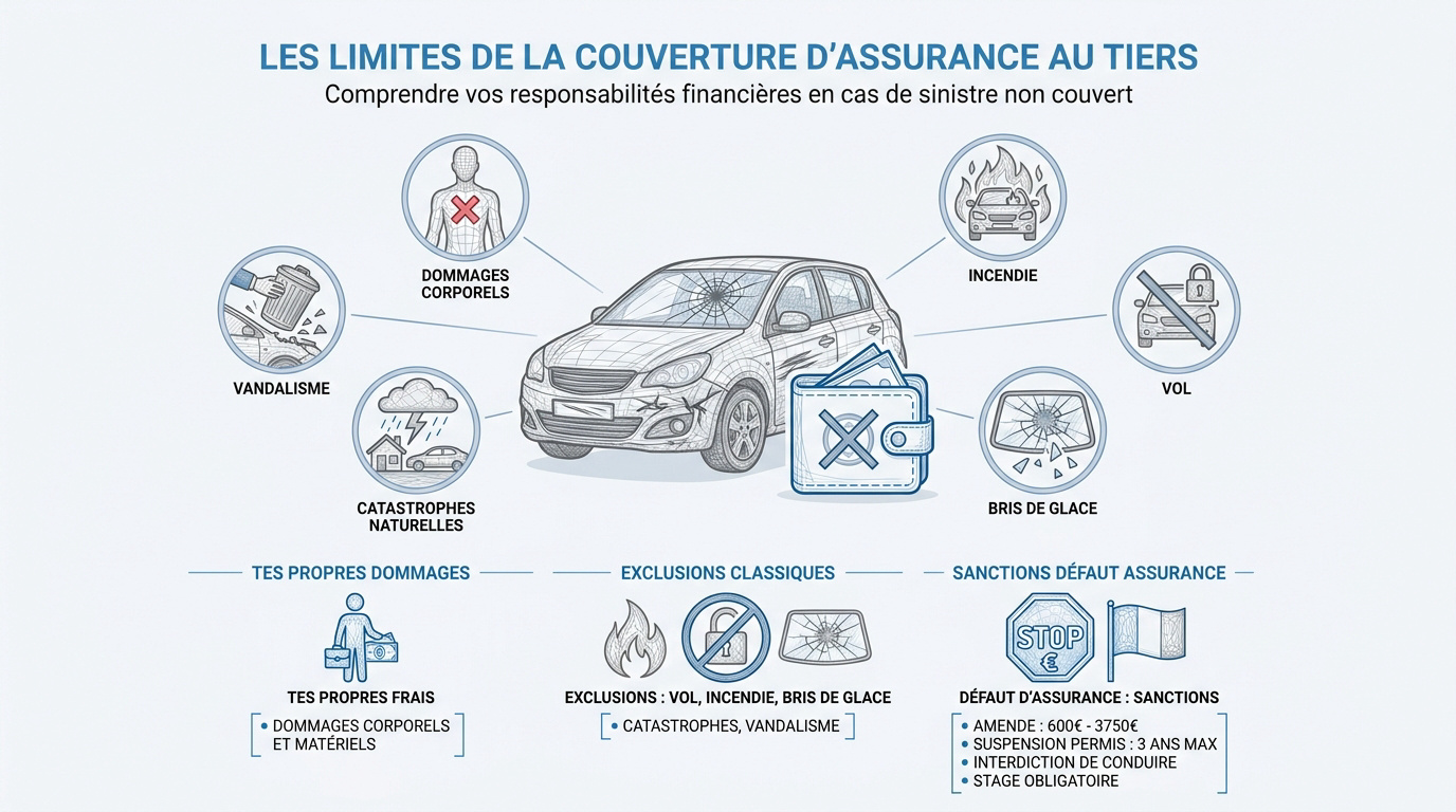 Illustration des limites de l'assurance auto au tiers face aux dommages matériels et corporels