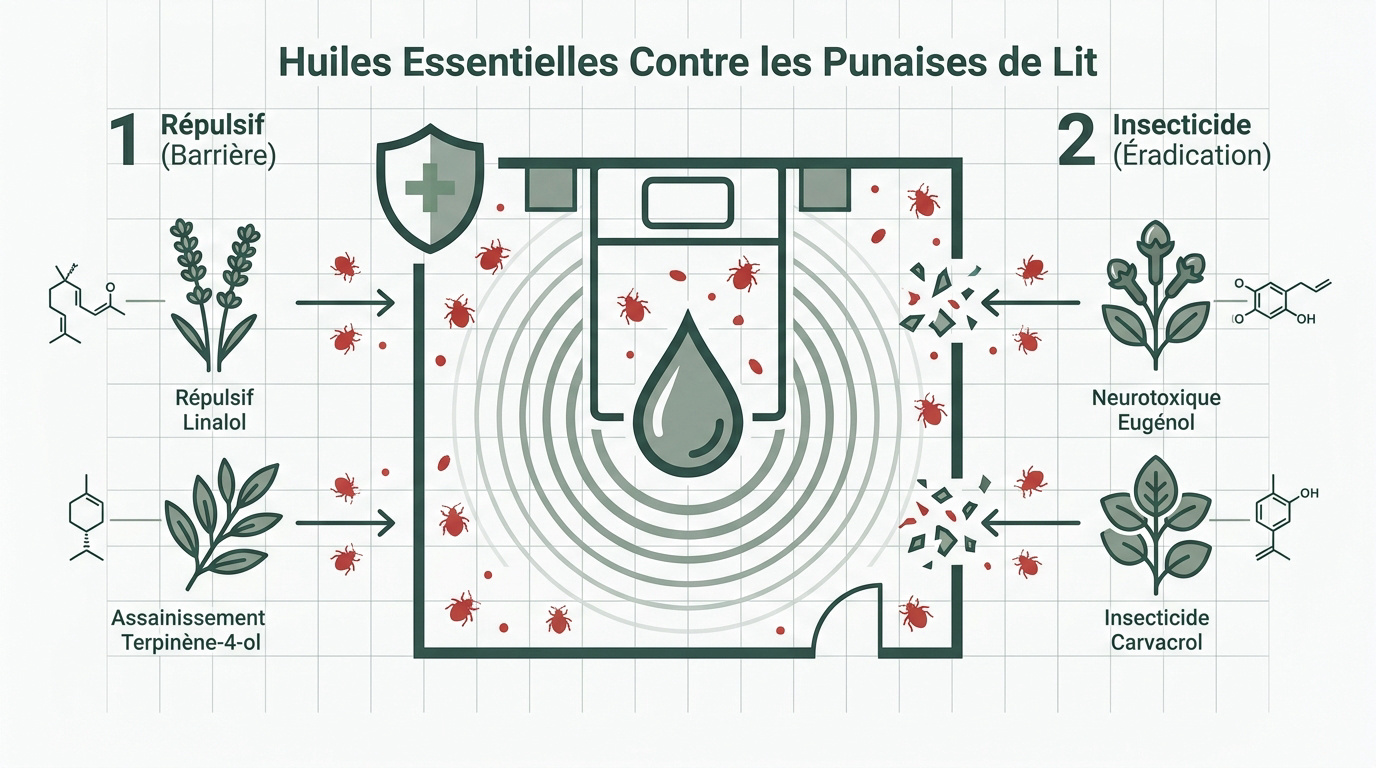 Flacons d'huiles essentielles et lavande pour lutter contre les punaises de lit