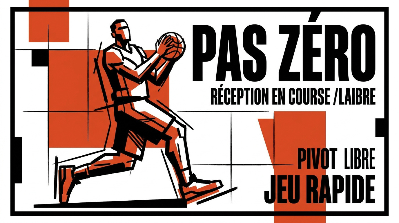 Joueur de basket effectuant une réception de balle en course illustrant le pas zéro