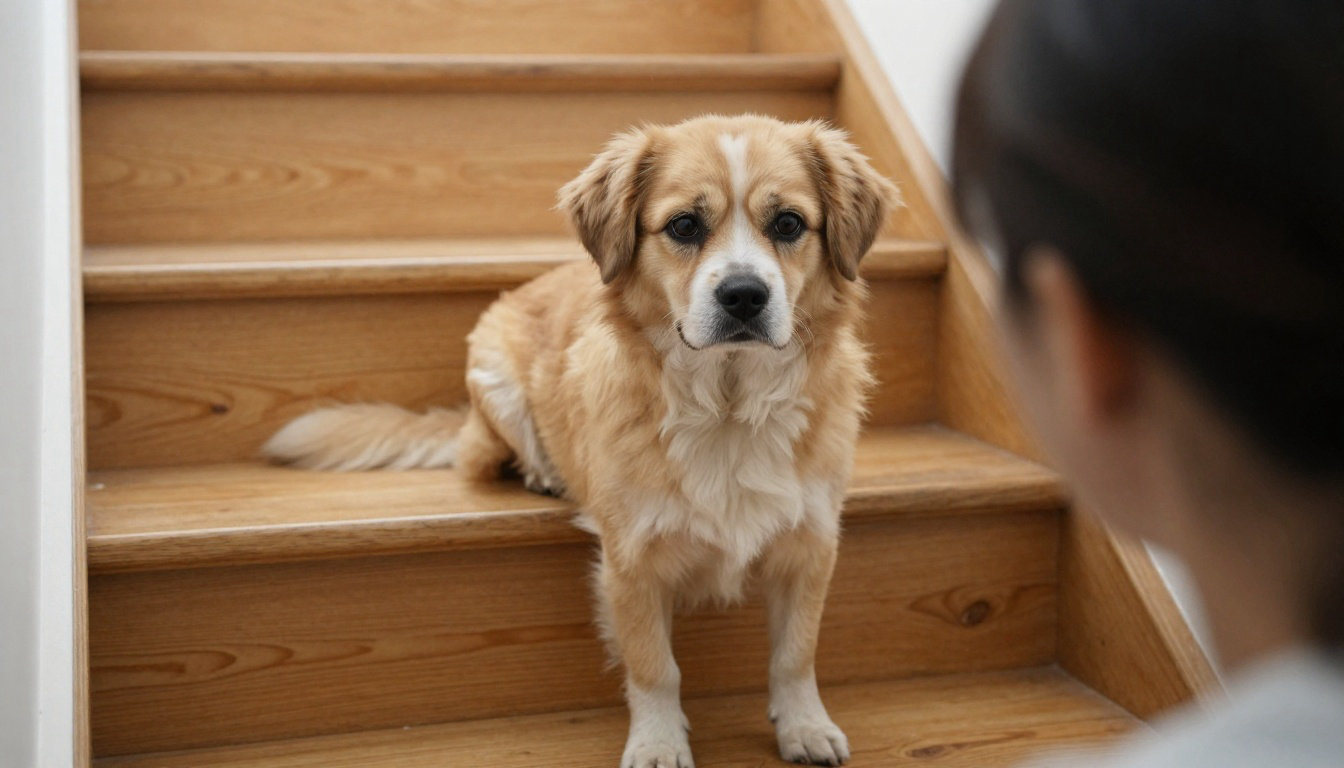 Chien apeuré sur un escalier en bois