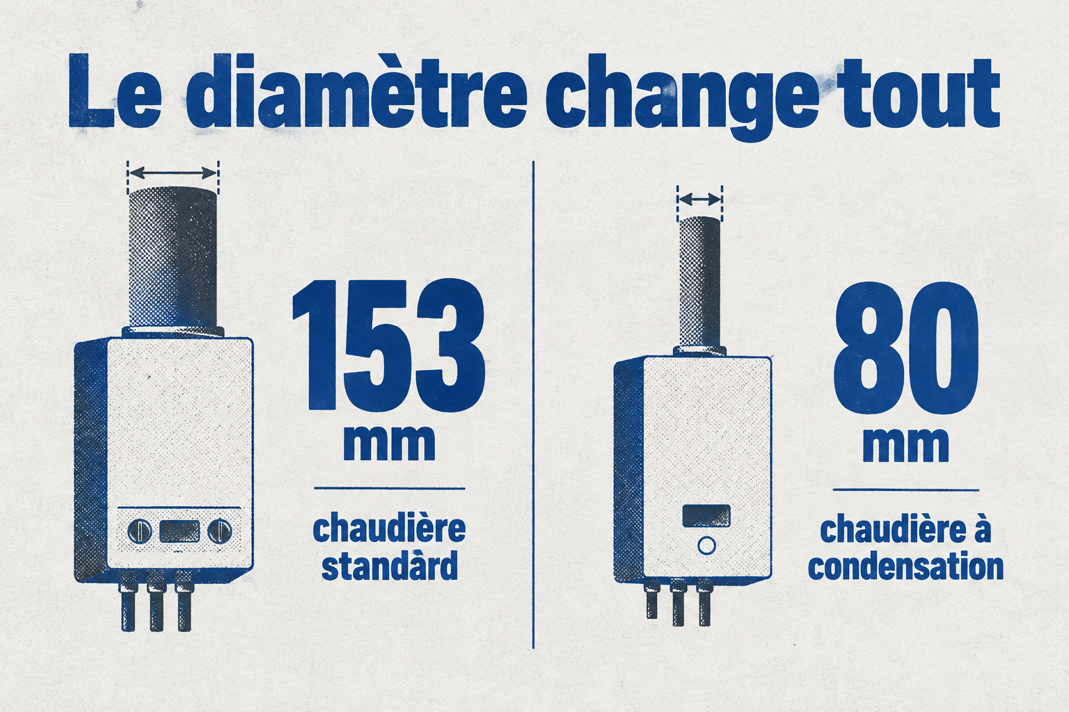 Deux blocs comparant le diamètre de tubage d'une chaudière standard (153 mm) et d'une chaudière à condensation (80 mm).