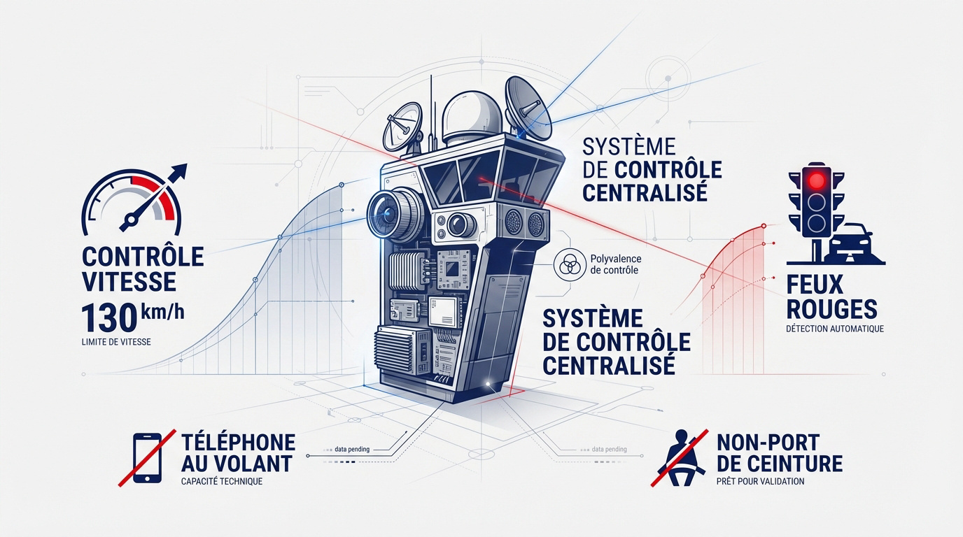 Infographie expliquant le fonctionnement du contrôle routier centralisé par radar tourelle
