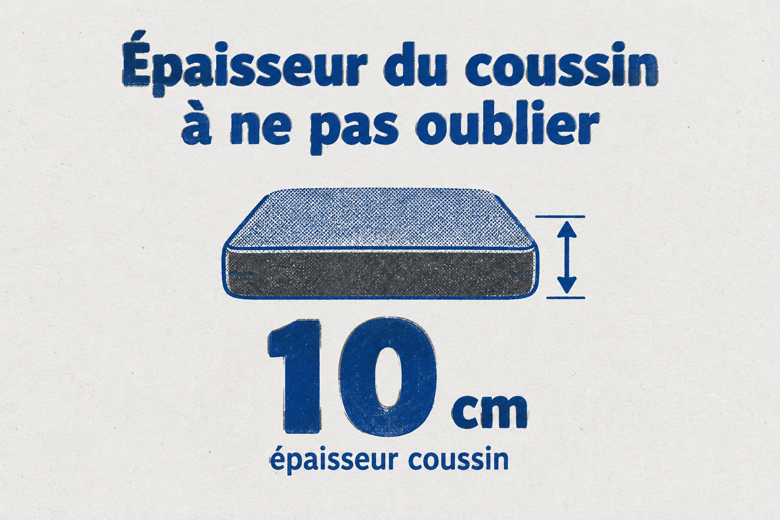 Un chiffre géant 10 cm avec l'unité cm, illustrant l'épaisseur typique d'un coussin de banquette, l'erreur de dimensionnement la plus courante.