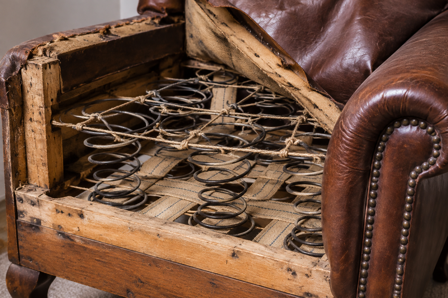 Gros plan sur la structure d'un fauteuil club : ressorts et garniture.