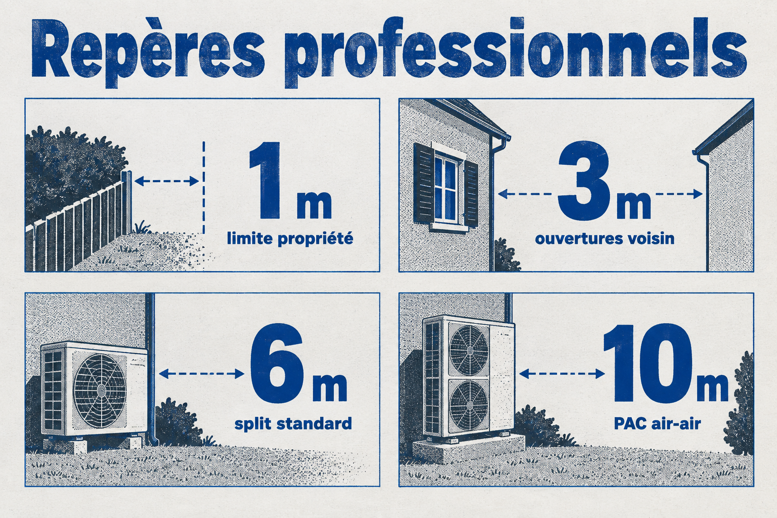 Quatre distances recommandées pour l'unité extérieure : 1 m à la limite de propriété, 3 m des ouvertures, 6 m pour un split standard, 10 m pour une pompe à chaleur air-air.