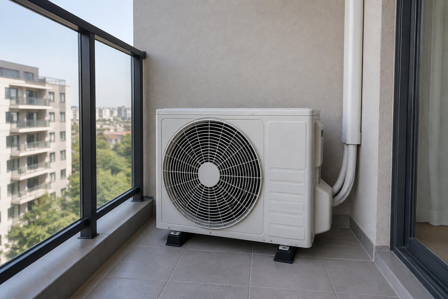 Unité extérieure de climatisation sur un balcon d'un immeuble résidentiel