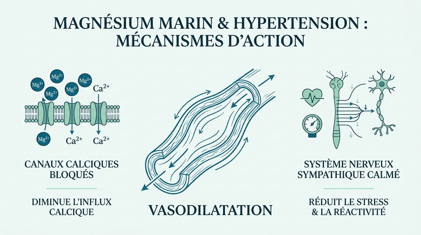 Schéma des mécanismes d'action du magnésium sur la relaxation des vaisseaux sanguins