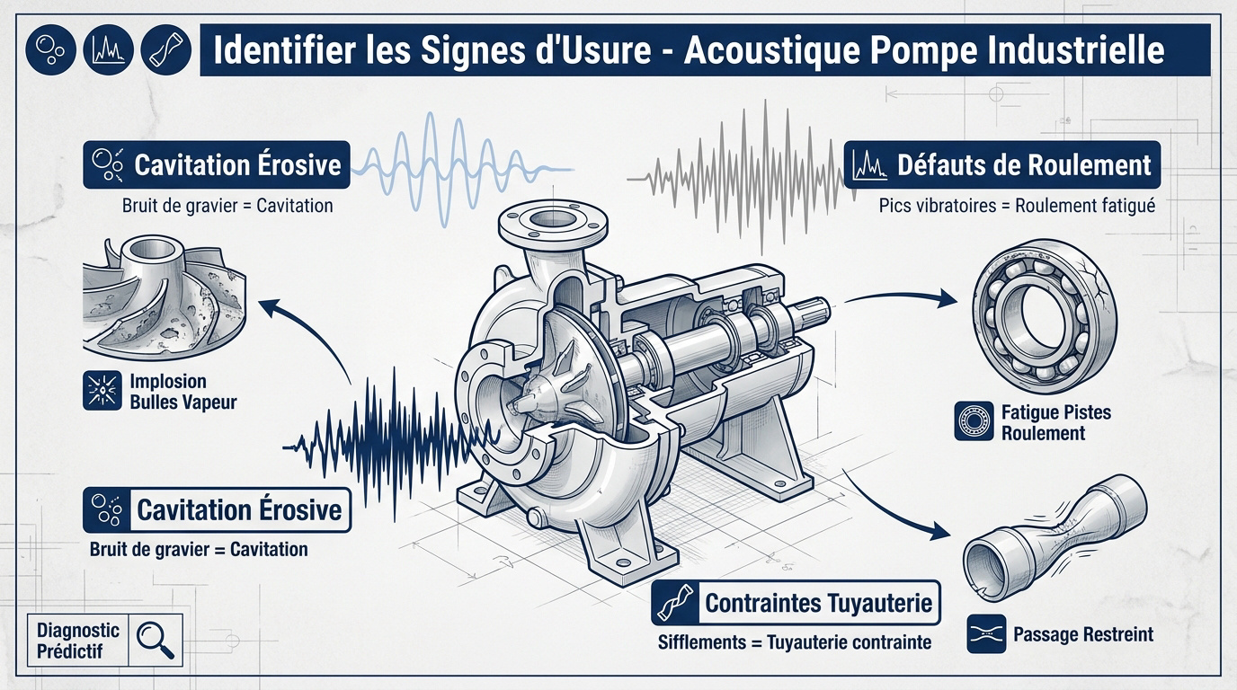 Technicien effectuant un diagnostic acoustique sur une pompe industrielle pour détecter la cavitation