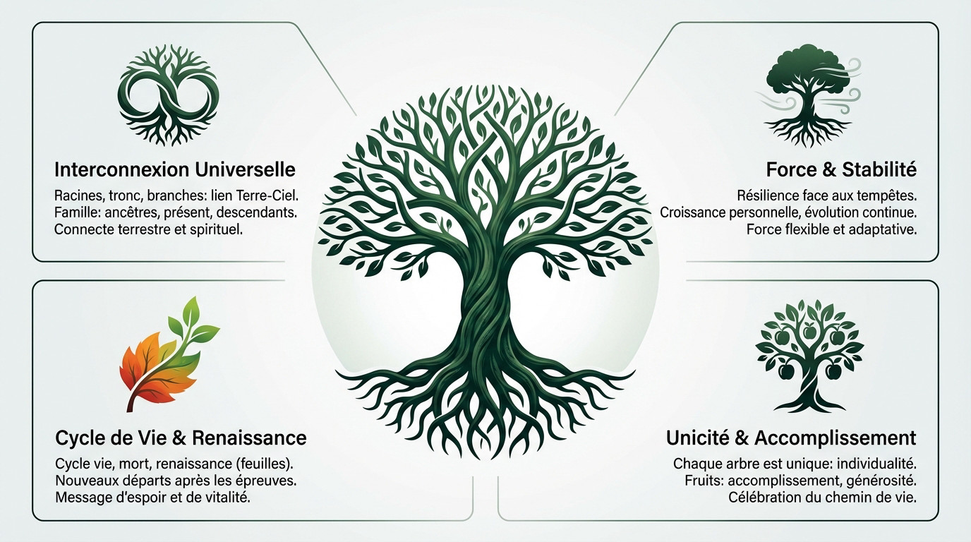 Illustration artistique de l'arbre de vie montrant ses racines, son tronc et ses branches connectant le ciel et la terre