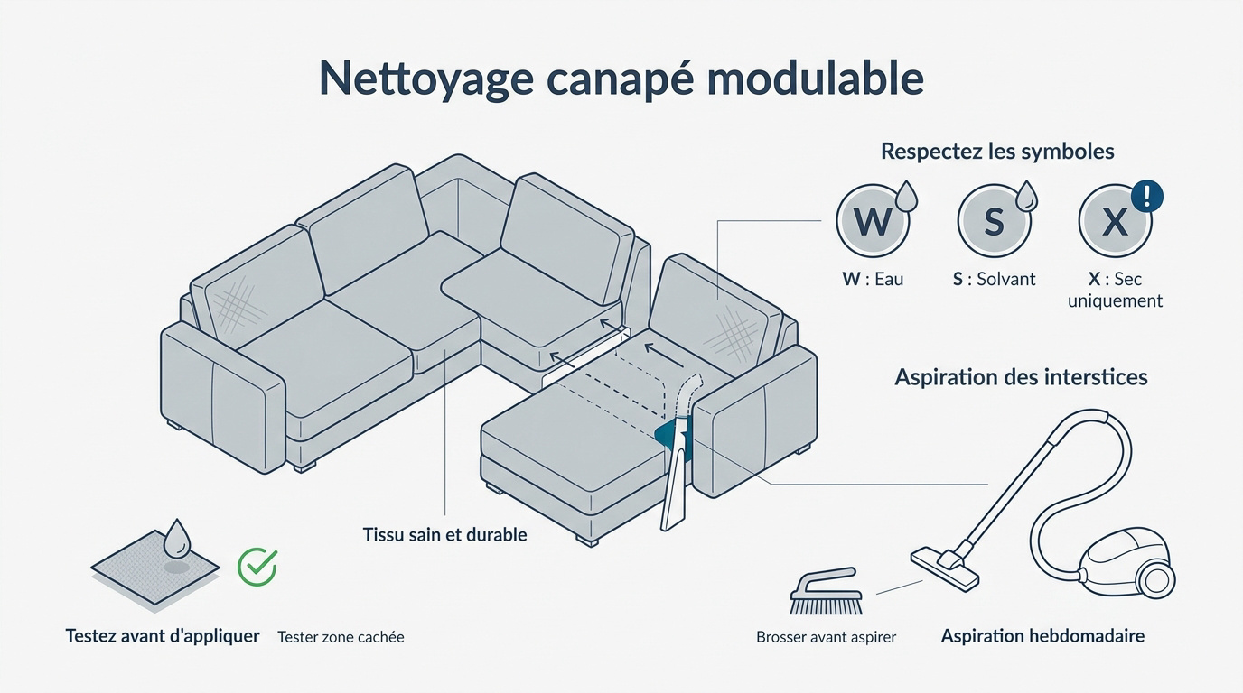 Nettoyage minutieux des modules d'un canapé en tissu avec des produits naturels