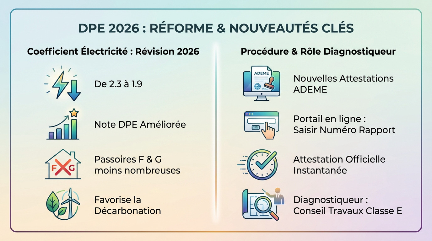 Schéma explicatif de la réforme DPE 2026 et du nouveau coefficient électrique