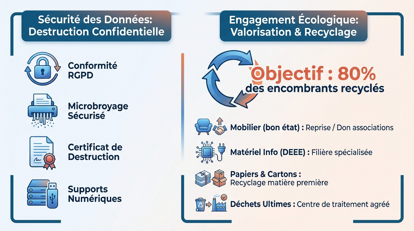 Débarras de bureau professionnel avec destruction sécurisée des données et recyclage