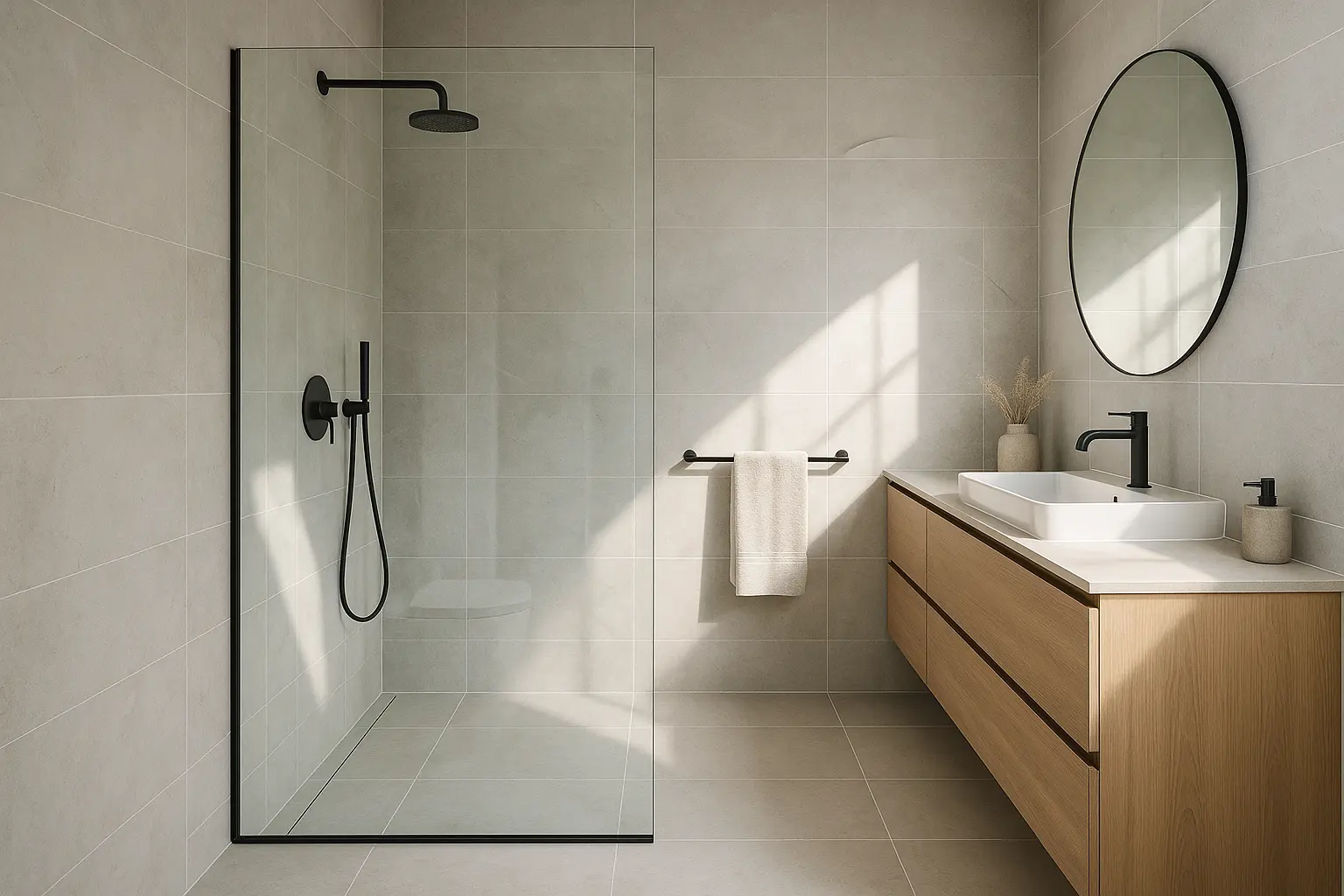 <strong>Salle de bains moderne</strong> avec douche et meuble lavabo en bois