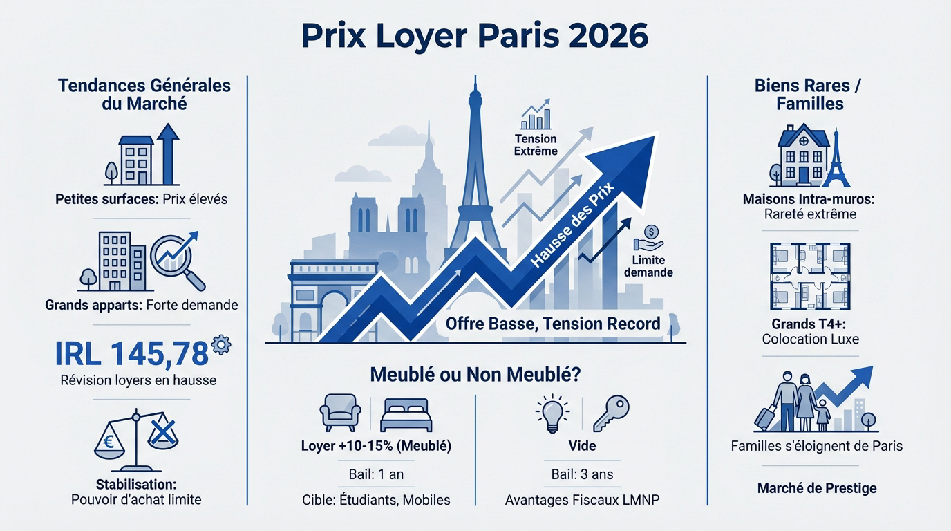 Graphique des prix moyens des loyers à Paris en 2026 par type de bien