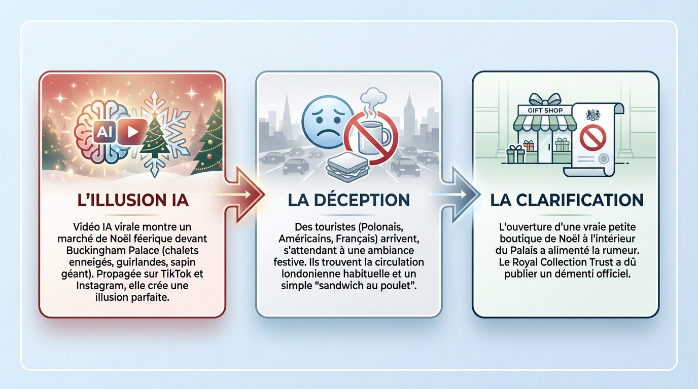 Deepfake AI du marché Noël Buckingham : l'arnaque qui piège les touristes à Londres 1 Foule de touristes déçus devant Buckingham Palace cherchant un marché de Noël inexistant créé par IA