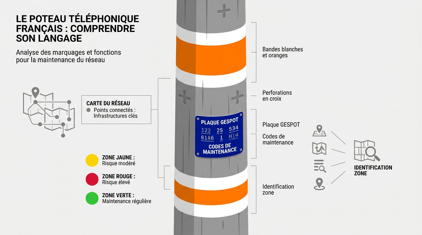 Détails techniques d'un poteau téléphonique français avec marquages et étiquettes