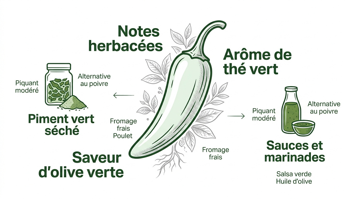 Piments verts frais et séchés illustrant la diversitédes textures et des usages culinaires