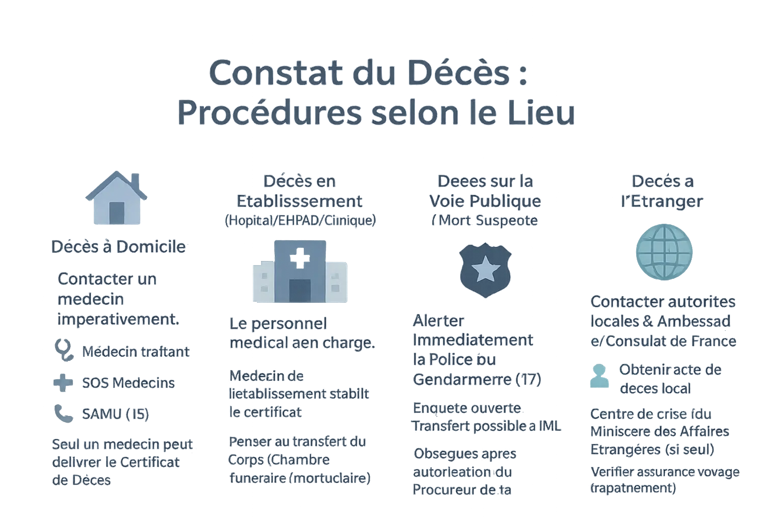 Démarches de constatation de décès selon le lieu