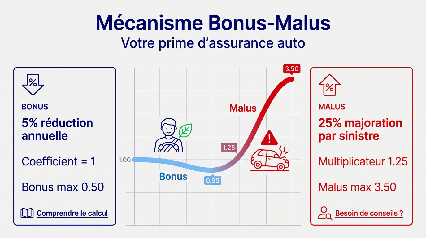 Schéma explicatif du fonctionnement du bonus-malus en assurance automobile