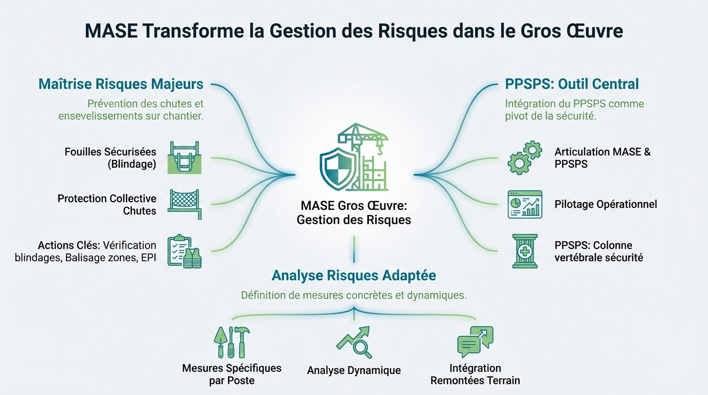 Chantier de gros œuvre avec gestion des risques MASE pour prévenir les chutes et l'ensevelissement