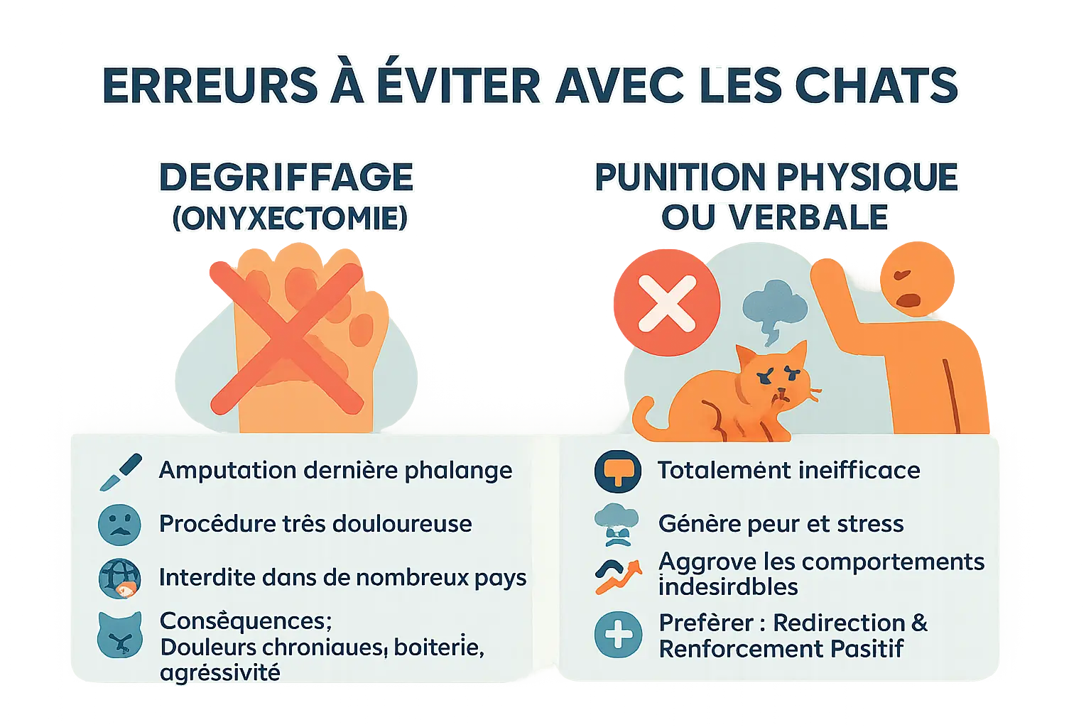 Illustration montrant les conséquences du dégriffage et de la punition sur les chats