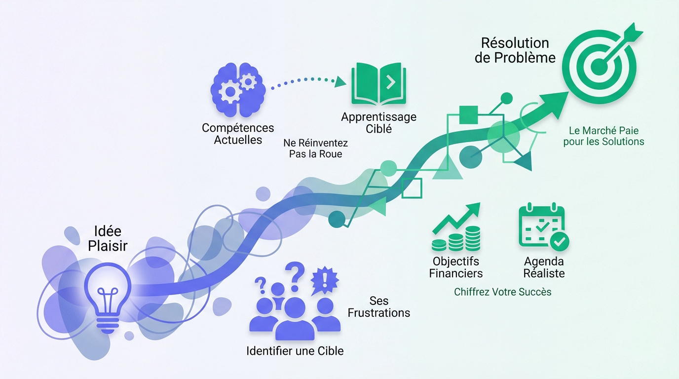 Schéma illustrant la transition d'une idée passionnée vers une solution de problème rentable