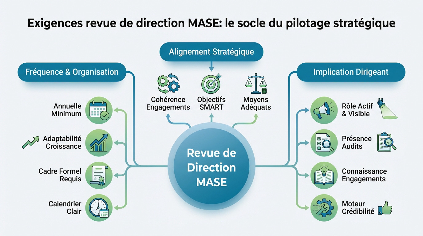 Infographie détaillant les étapes clés et exigences de la revue de direction MASE