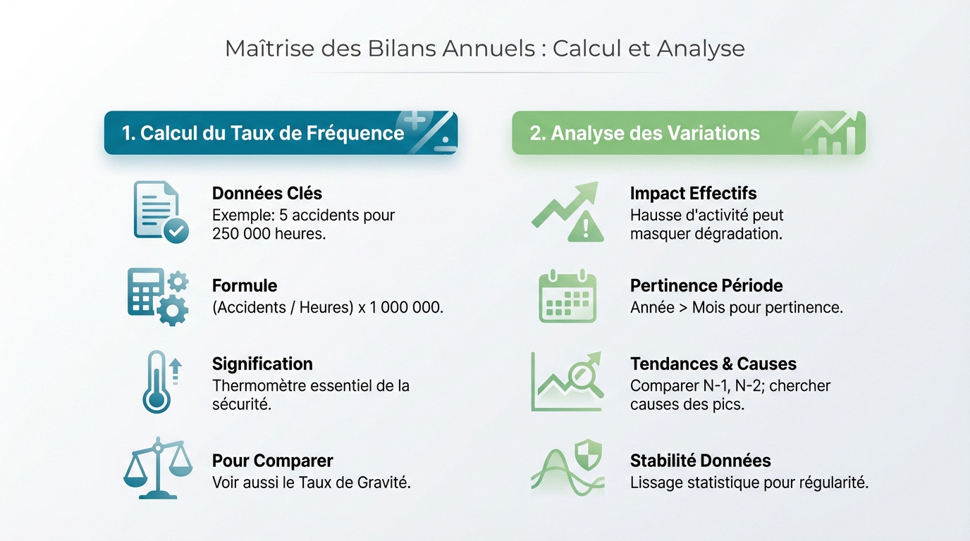 Professionnel QSE analysant le calcul du taux de fréquence sur un tableau de bord annuel