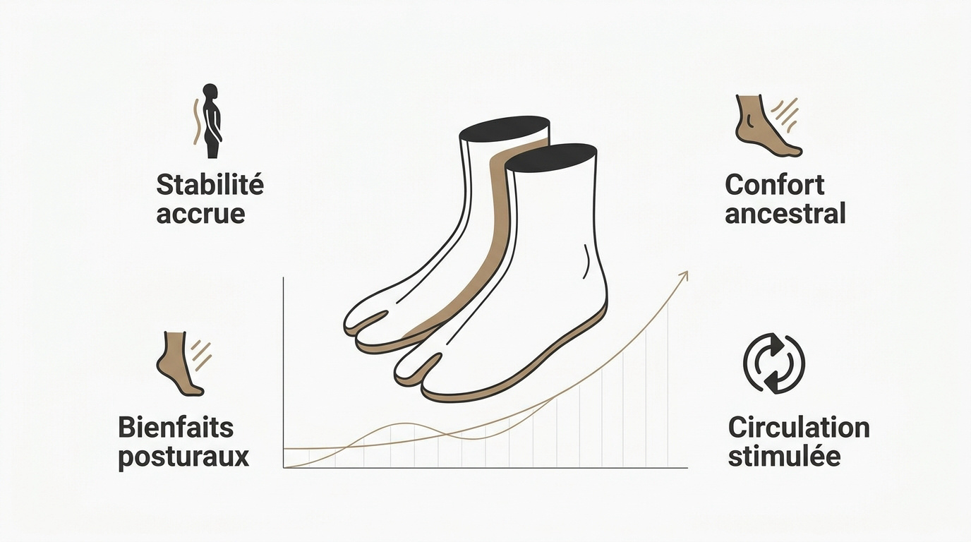 Illustration minimaliste présentant les bénéfices ergonomiques des chaussettes tabi japonaises
