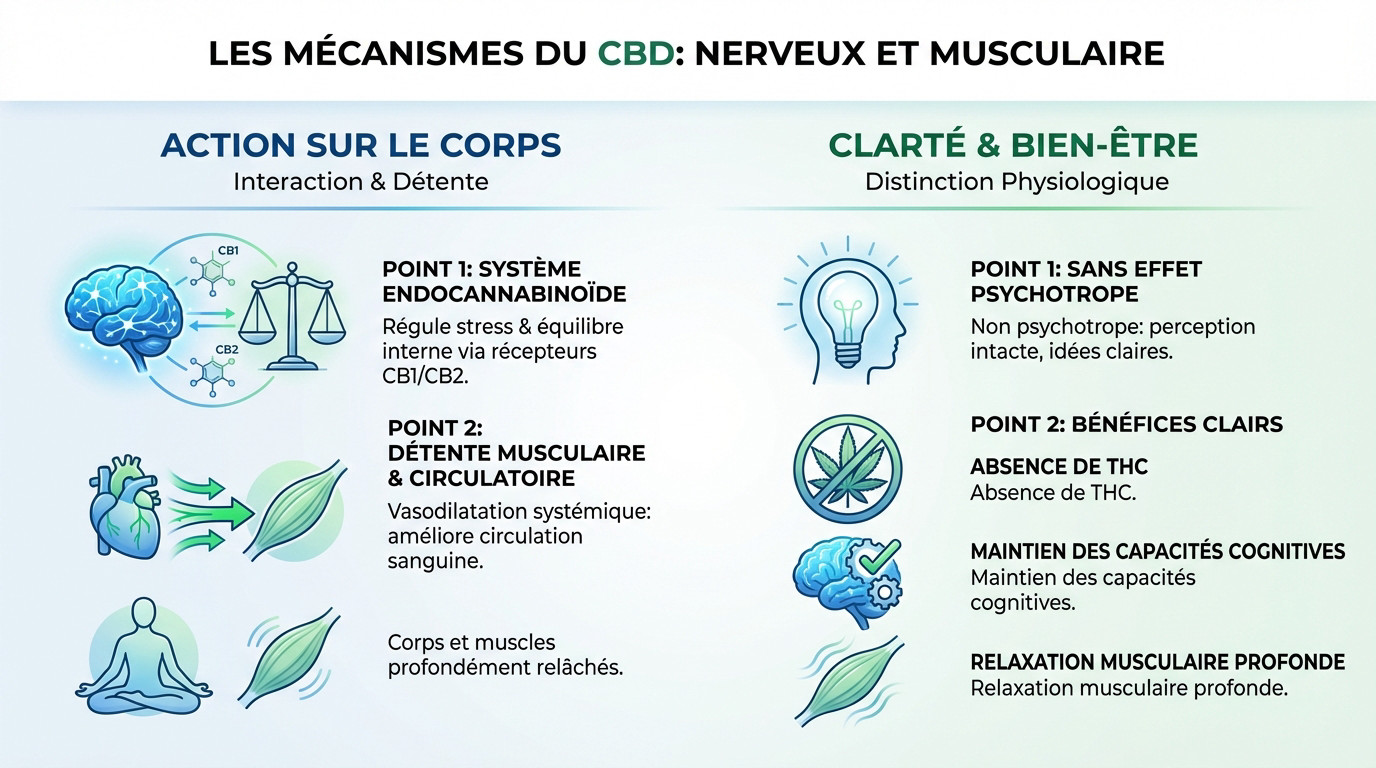 Schéma des mécanismes d'action du CBD sur le système nerveux et musculaire