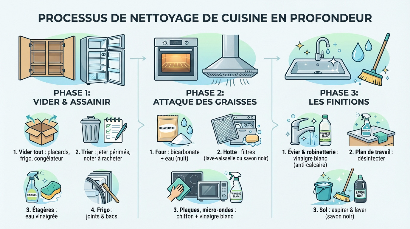 Nettoyage de printemps cuisine en profondeur : femme nettoyant un plan de travail