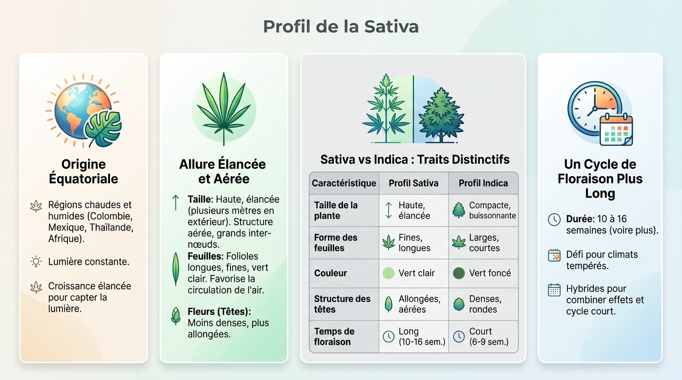Schéma botanique illustrant la morphologie haute et les feuilles fines de la variété Sativa