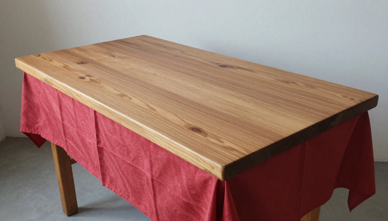 Buffet de kermesse avec nappe rouge et présentoirs en bois