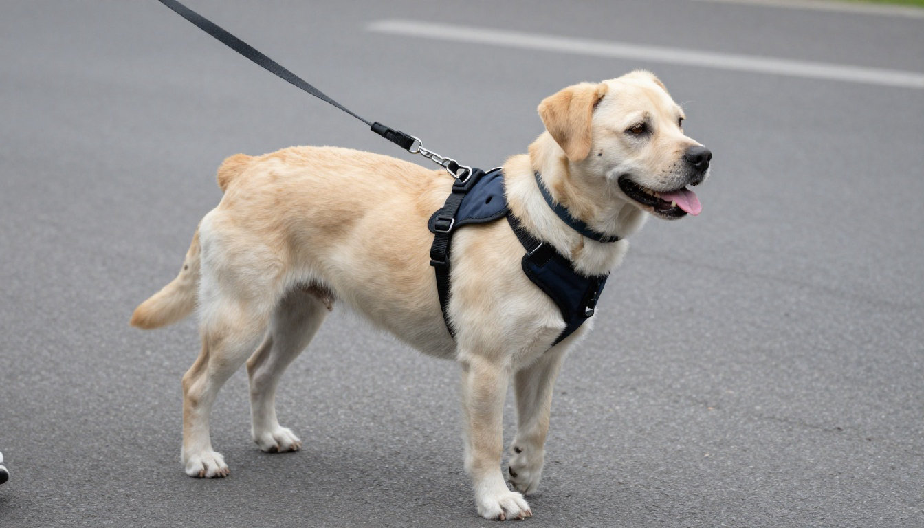 Chien labrador portant un harnais tenu en laisse