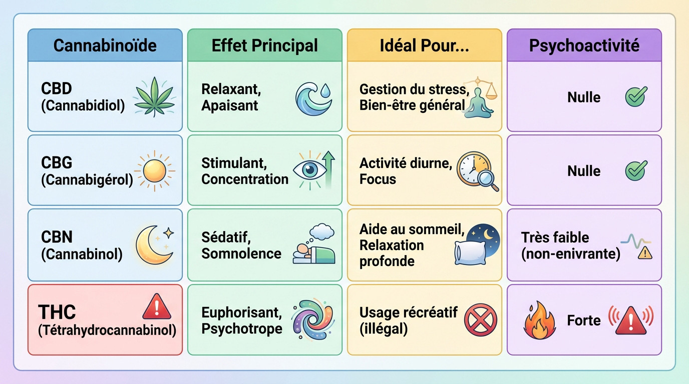Tableau comparatif des effets du CBD, CBG, CBN et THC