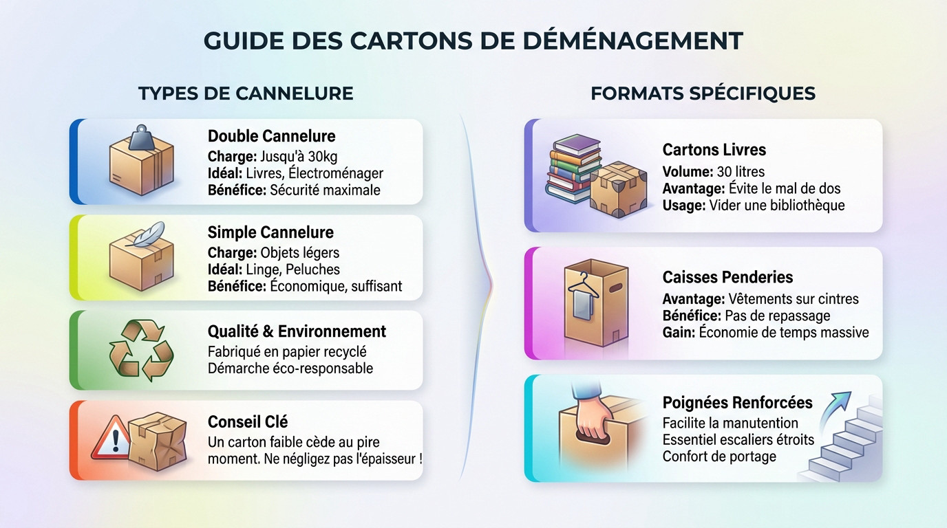 Assortiment de cartons de déménagement robustes pour livres et penderie adaptés aux logements parisiens
