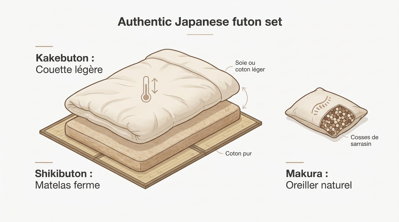 Structure multicouche d'un futon japonais traditionnel avec shikibuton et kakebuton