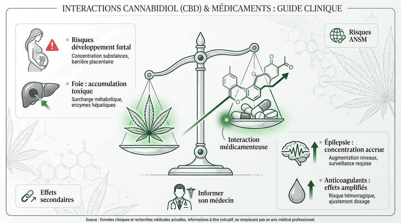 Schéma des interactions métaboliques entre le CBD et les médicaments au niveau du foie